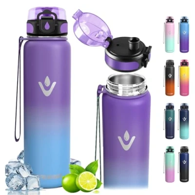 Imagen de Vikaster Botella Agua Acero Inoxidable 1 litro, térmica, Water bottle, Mantener 12H Caliente/24 Frío, Bottle Sin BPA, para Deporte, Viaje, Escuela, Exterior, Oficina, Hogar