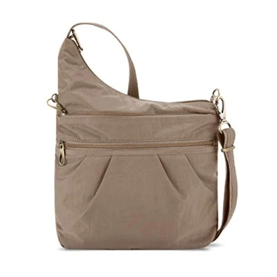 Imagen de Travelon Bolso cruzado antirrobo con 3 compartimentos para mujer, talla única, arena, 13.75 x 11.5 3, Bandolera