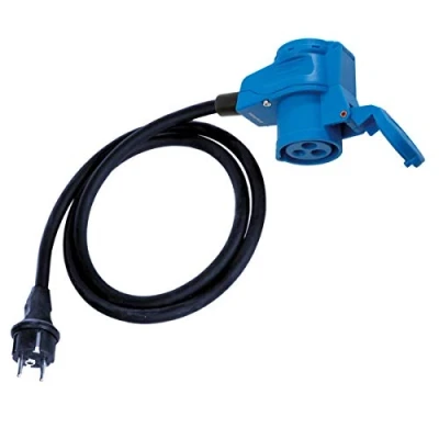 Imagen de Cable Adaptador CEE acodado con Enchufe a de protección Contacto, 1,5 m, IP44, 230 V/16 A, 3 Polos, para Camping, Barco, Caravana, Angular Azul