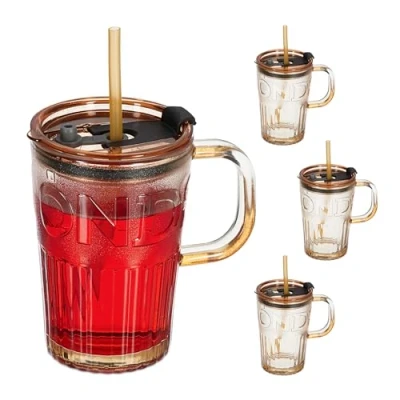 Imagen de Relaxdays Juego Set de 4 Vasos, Jarras para Beber con Tapa y Pajita, Jarritas Batidos 450 ml, Vasitos Asa, Marrón Claro, Silicona