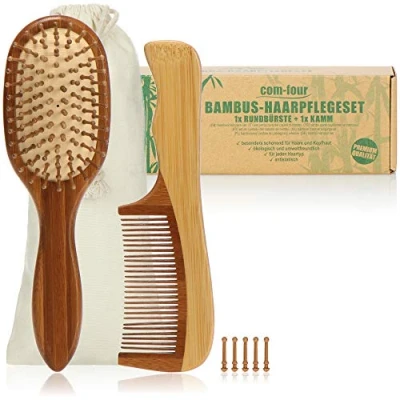 Imagen de com four® Set para el Cuidado del Cabello de 3 Piezas con Cepillo Multiuso y Dos peines Madera bambú Cada Tipo (2 Partes Peine+ Cepillo)