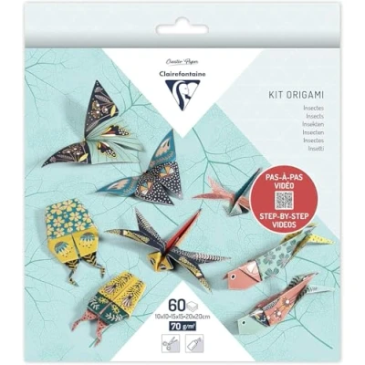 Imagen de Clairefontaine 95366C, Kit de 60 hojas papel origami 70 g/m², 3 formatos: 10x10 cm, 15x15 20x20 cm + paso a paso, 4 modelos diferentes los cuales incluyen 5 ilustraciones