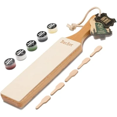 Imagen de BACHER Premium Asentador de Cuero Strop para Cuchillos Paleta madera dura cubierta concuero curtido vegetal 1/8&quot;de grosor. Incluye un kit 4 compuestos afilado.