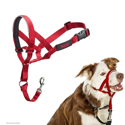 Imagen de collar Ronzal HALTI para evitar que tu perro tire de la correa, Ajustable y Ligero, con banda nariz acolchada. Adiestramiento canino antitirones perros medianos (Talla 2, Rojo)