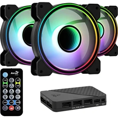 Imagen de Aerocool Mirage PC Case Fan 12 Pro, 3 x ARGB Translucent Fans 120mm, 1 H66F RGB Hub, Infinity Mirror Design, Includes 6 Pin Connector, Remote Control, Curved Blades and Anti Vibration Pads, Black
