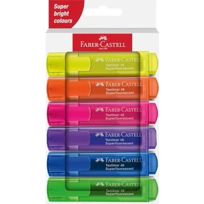 Imagen de FABER CASTELL 254646 Juego de rotuladores 46, estuche 6, colores neón, con punta cuña larga duración, ancho trazo 1 5 mm, recargable
