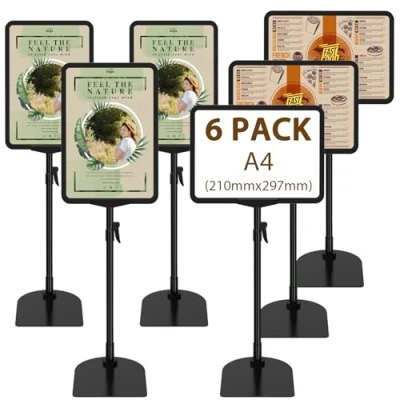 Imagen de Newzealkids Paquete de 6 soportes ajustables para póster A4, soporte reutilizable publicidad menú negocios, exhibición vista vertical y horizontal, color negro