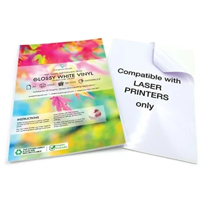 Imagen de Evergreen Goods 10 x A4 Impresora Láser Impermeable Película de Vinilo Blanco Brillante Autoadhesivo Hojas, Totalmente Personalizado Tamaño Papel Impresión, Adhesivo para Varios Propósitos