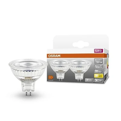 Imagen de OSRAM Lámpara reflectora LED, bajo voltaje LED SPOT MR16 GL 50, casquillo GU5.3, paquete doble, 6,5W, 630 lm, 2700K, luz blanca cálida, optimo consumo de energía, sin tiempo calentamiento