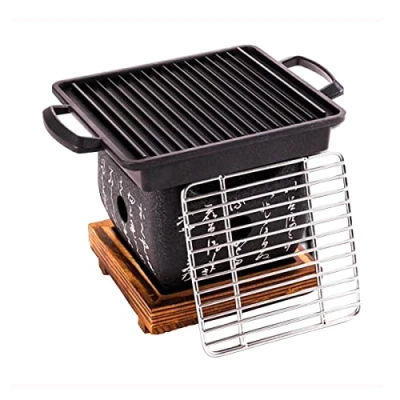 Imagen de Parrilla de Mesa Carbón,Barbacoa Japonesa Mesa,Barbacoa Terraza Portatil,Barbacoa Interior Mini Cuadrada con Base Madera, para Yakiniku Barbacoa
