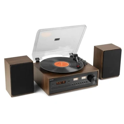 Imagen de Audizio Boston Tocadiscos Retro HiFi con Bluetooth, CD MP3, USB, Radio Dab+, Altavoces estéreo, Entrada AUX, Salida Auriculares, 3 velocidades, Mando a Distancia y vúmetros iluminados