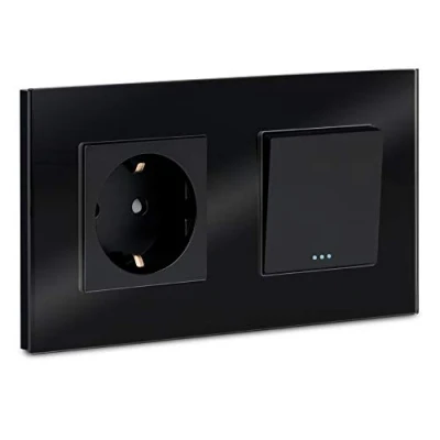 Imagen de Navaris Enchufe con marco de cristal Cubierta 15.5 x 8.5 CM para empotrar en pared Placa doble vidrio enchufes Schuko tipo F Negro