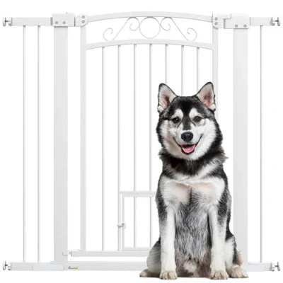 Imagen de PawHut Barrera para Perros Puerta con Ancho Ajustable 76 104 cm de Seguridad 2 Extensiones Doble Bloqueo y Pequeña Escaleras Puertas Blanco
