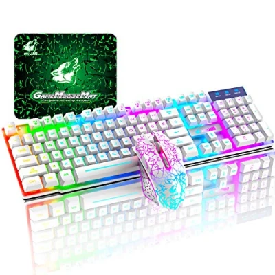 Imagen de T3 Juego de teclado y Ratón inalámbricos 2.4 G recargable tacto mecánico impermeable con retroiluminación arco iris +2400 DPI ópticos LED para juegos+Alfombrilla ratón(Blanco)