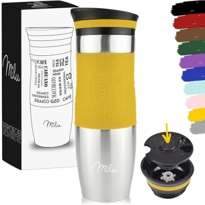 Imagen de Milu Taza aislante de café y té para llevar 370ml 450ml 100% a prueba fugas acero inoxidable beber vaso aislamiento al vacío Caliente frío (Mango, 450ml)