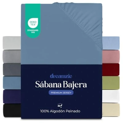 Imagen de Dreamzie Sabanas 90x200 cm, Sabana Bajera Premium para Colchones de Hasta 22 cm Altura, 100% Algodon 150 g/m² Azul Certificada sin Productos Químicos (Oeko Tex)