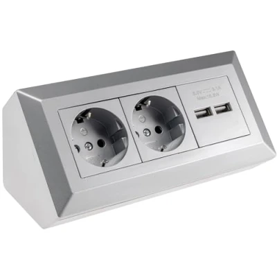 Imagen de Bloque de enchufes 2 vías + 2x USB, USB 5V=, ángulo 45 para enchufar fácilmente, montaje en superficie, color plata