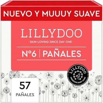 Imagen de Pañales LILLYDOO delicados con la piel talla 6 (13+ kg), caja de medio mes (57 unidades), protección contra fugas, suaves, sin perfumes ni lociones y dermatológicamente probados