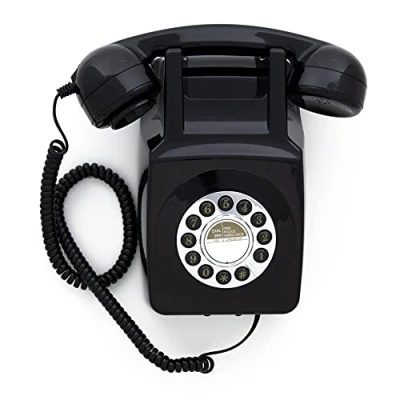 Imagen de GPO 746 Teléfono fijo retro de pared con botones Cable en espiral, timbre auténtico Negro
