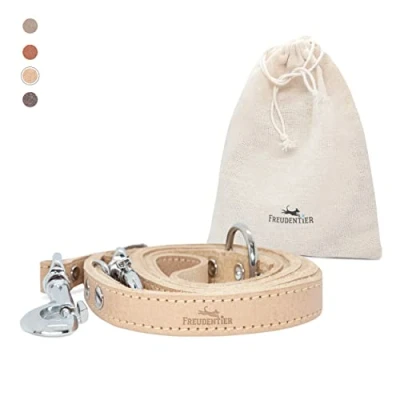 Imagen de Freudentier® Correa de Cuero para Perros 2 m, Ajustable 3 Capas, Elegante y cuidadosamente Fabricada en Holanda, colección Amstelpark (Arena, 20 mm Ancho)