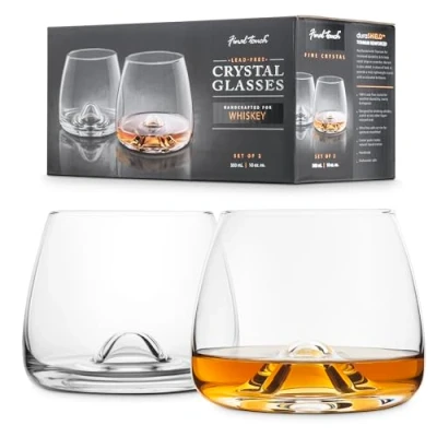 Imagen de Final Touch 100% Lead Free Crystal whisky Glasses Vasos de cristal fabricados con DuraSHIELD Titanium reforzado para una mayor durabilidad, alto 9 cm, 300 ml Paquete 2