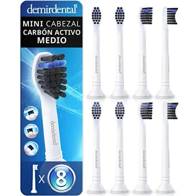 Imagen de Pack con 8 cabezales demirdental compatibles los recambios de Philips Sonicare carbón activo, mini, cepillos dureza media, Blanco, corresponde a HX4088m