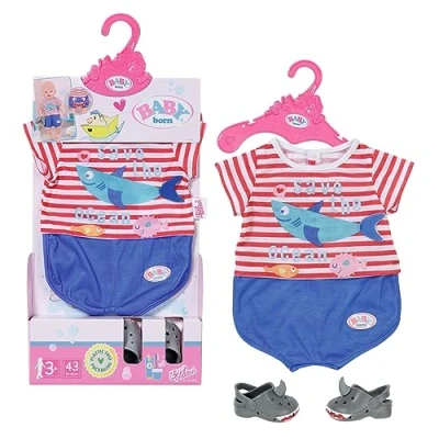 Imagen de Baby Born Pijama Con chanclas 834268 Accesorios para muñecas de hasta 43cm estampado tiburón y a juego Ideal la bañera Edad: 3+ años