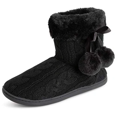 Imagen de Polar Mujer Espuma De Memoria Pom Invierno Piel Sintética Lujo Felpa Acogedora Antideslizante Interior Al Aire Libre Zapatillas Negro Punto UK6/EU39 YC0714