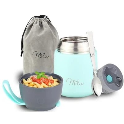 Imagen de Milu Termo para Comida 300ml, 440ml, 450ml, 650ml, 800ml Taza Aislada, Botella de Acero Inoxidable Aislada Alimentos, Beber y sopa los niños adultos A prueba fugas Térmico (450ml/Menta)