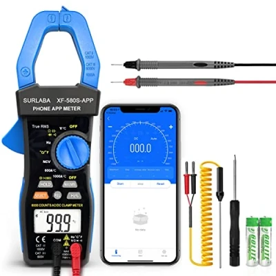 Imagen de SURLABA Bluetooth Pinza Amperimétrica, NCV AC DC Clamp Multimetro TRMS, 6000 Cuentas Voltaje Corriente Meter APP Support, Volt Amp Tester con Resistencia Capacitancia Diodo Continuidad Temperatura Hz
