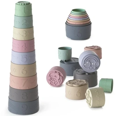 Imagen de 9 Piezas Juguete Cubos Apilables Bebé por 6 12 Meses, Juguetes para Construir el Desarrollo Educativo Temprano, Torre de Apilamiento con Números, Patrones, Montessori Regalo 1 Año