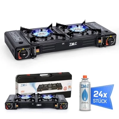 Imagen de ZMC hornillo de gas para camping con 24 cartuchos 227 g, 2,5 kW, incluye adaptador conexión LPG + maletín almacenamiento, set encendido piezoeléctrico,