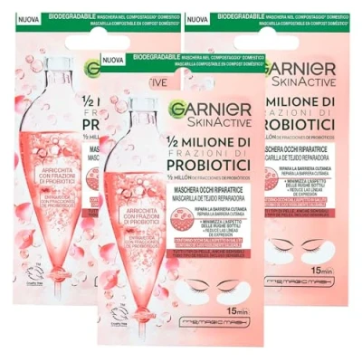 Imagen de Garnier SkinActive Máscara de ojos reparadora 1/2 millón fracciones probióticos para todos tipos piel, minimiza arrugas finas, tejido biodegradable 3 paquetes 1 aplicación