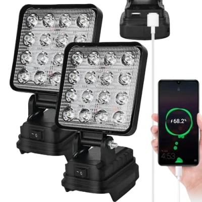Imagen de HOSPAOP lámpara LED de trabajo con batería para Makita 18 V 27 W, foco portátil, batería, luz construcción, carga USB, 2 unidades (sin batería)