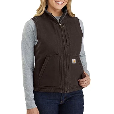 Imagen de Carhartt Chaleco utilitario en lona de algodón con efecto desgastado Sherpa Lined, cuello perkins, Relaxed Fit Para Mujer, Marrón oscuro, XS
