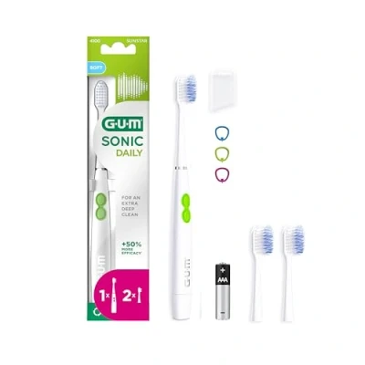 Imagen de GUM SONIC DAILY cepillo de dientes eléctrico sónico con pilas Para una limpieza suave y profunda 1 dientes, 2 cabezales repuesto, pila AAA (Blanco)