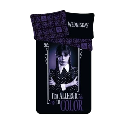 Imagen de juego de cama Miércoles Addams, 100% algodón, funda nórdica reversible Wednesday 140 x 200 cm y almohada a