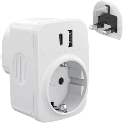Imagen de gonew21 Adaptador Enchufe UK a español Tipo G, de Viaje Ingles con 2 USB y C, Europa 3 Pin Reino Unido Seguridad para niños Irlanda Bretaña Maldivas Dubai Singapur