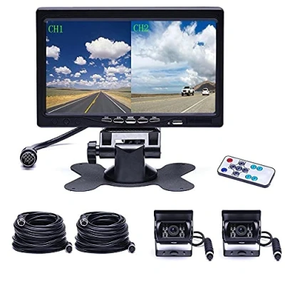 Imagen de CAMECHO Cámara de Marcha Atrás con Pantalla 7 Pulgadas 4 Split Monitor+ 2 Vision Nocturna Impermeable Trasera+ Pines 33 ft Aviación Cables para Coche/RV/Autobús/Remolque(12V 24V)