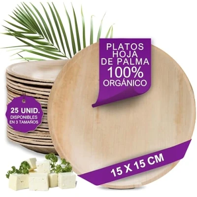 Imagen de Waipur Platos Hoja de Palma Orgánicos 25 Desechables Redondos Ø 15 cm Vajilla Ecológica Lujo, Estable, Natural y Compostable Elegantes