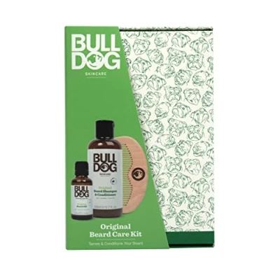 Imagen de Bulldog Skincare Kit original para el cuidado de la barba, set regalo hombres, aroma original, (x1 champú y acondicionador barba 200 ml, x1 aceite