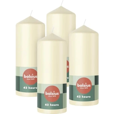 Imagen de Bolsius Pillar Candles Velas decorativas para el hogar, 4 unidades, 15 x 6 cm, 42 horas de combustión, sin perfume, 5% cera vegana natural, aceite palma