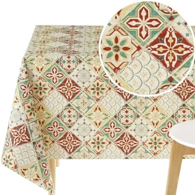 Imagen de KP HOME Mantel Hule Mesa Rectangular 200x140 Patrón de Azulejos Lisboa PVC Beige Rojo Estampado Mediterráneo Impermeable Hules para Mesas Plastificado Cocina Lavable 140 x200