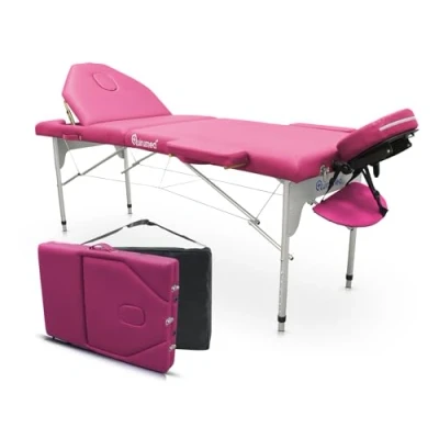 Imagen de QUIRUMED Camilla de Masaje Plegable Aluminio Pro, 186 x 66 cm, con Respaldo abatible, Color Rosa, Polipiel, Orificio Facial, Cabezal extraíble, Regulable en Altura, 2 cuerpos, hasta 150 kg