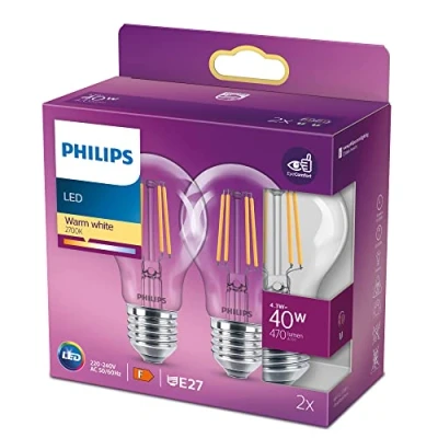 Imagen de Philips Bombilla LED cristal 40W estándar E27 luz blanca cálida, transparente, no regulable pack 2