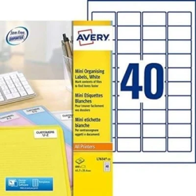 Imagen de Avery España L7654 15.Caja de 600 mini etiquetas blancas 45.7x25.4mm en A4,Láser
