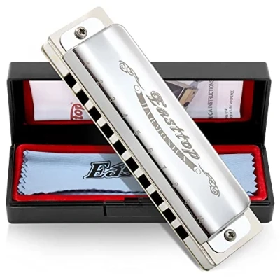 Imagen de East Top 10 Holes Key de G Professional Diatonic Blues Harmonica T008, Silver Armónica para adultos, jugadores profesionales y estudiantes