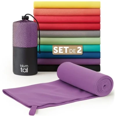 Imagen de Blumtal toalla microfibra 180x90 cm + 80x40 toallas gimnasio de secado rápido gym hombre para deporte lila