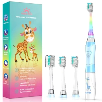 Imagen de cepillo de dientes eléctrico para niños 3 5 6 12, niñas con temporizador, luz LED arcoíris, sónico, funciona pilas, jirafa azul