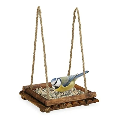 Imagen de Relaxdays Comedero Pájaros Madera, Alimentador Aves Silvestres, Colgante o Superficies, Bandeja, 6,5x25x25 cm, Marrón